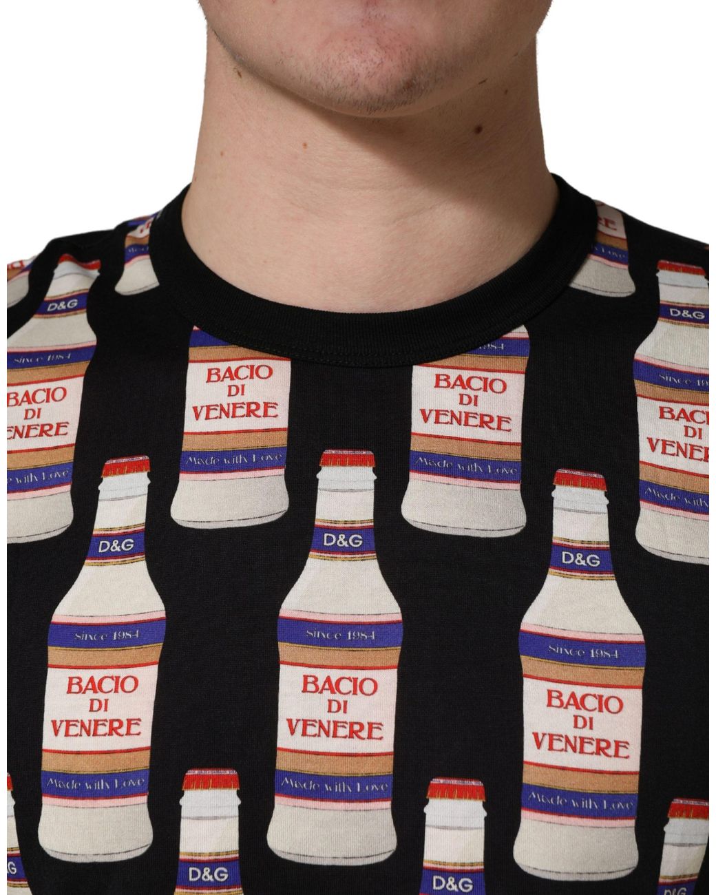 Dolce & Gabbana Black Bottle Print Cotton Crew Neck T for men