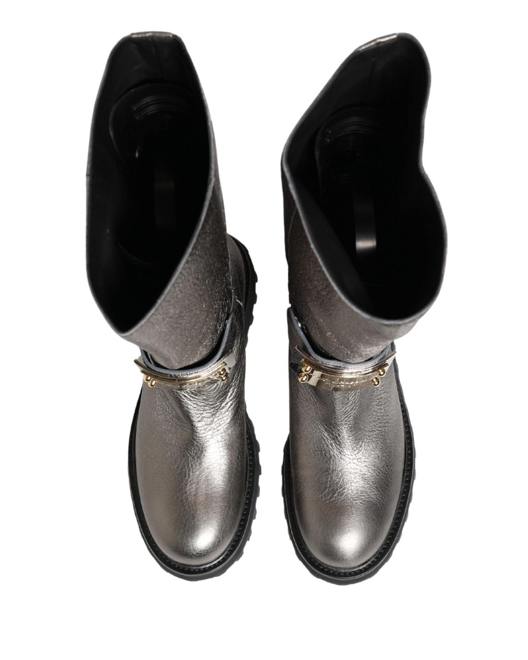 Dolce & Gabbana Black Metallic Leather Mid Calf Boots Shoes Cervo Laminato for men