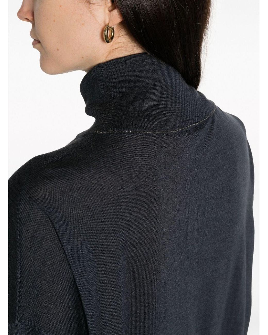 Brunello Cucinelli Blue Dark Wool Silk Mock Neck Shirt