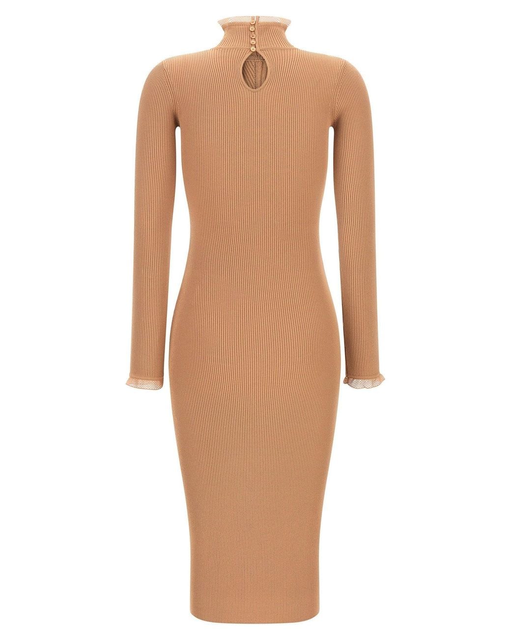 Elisabetta Franchi Natural Ribbed Knit Mock Neck Dress