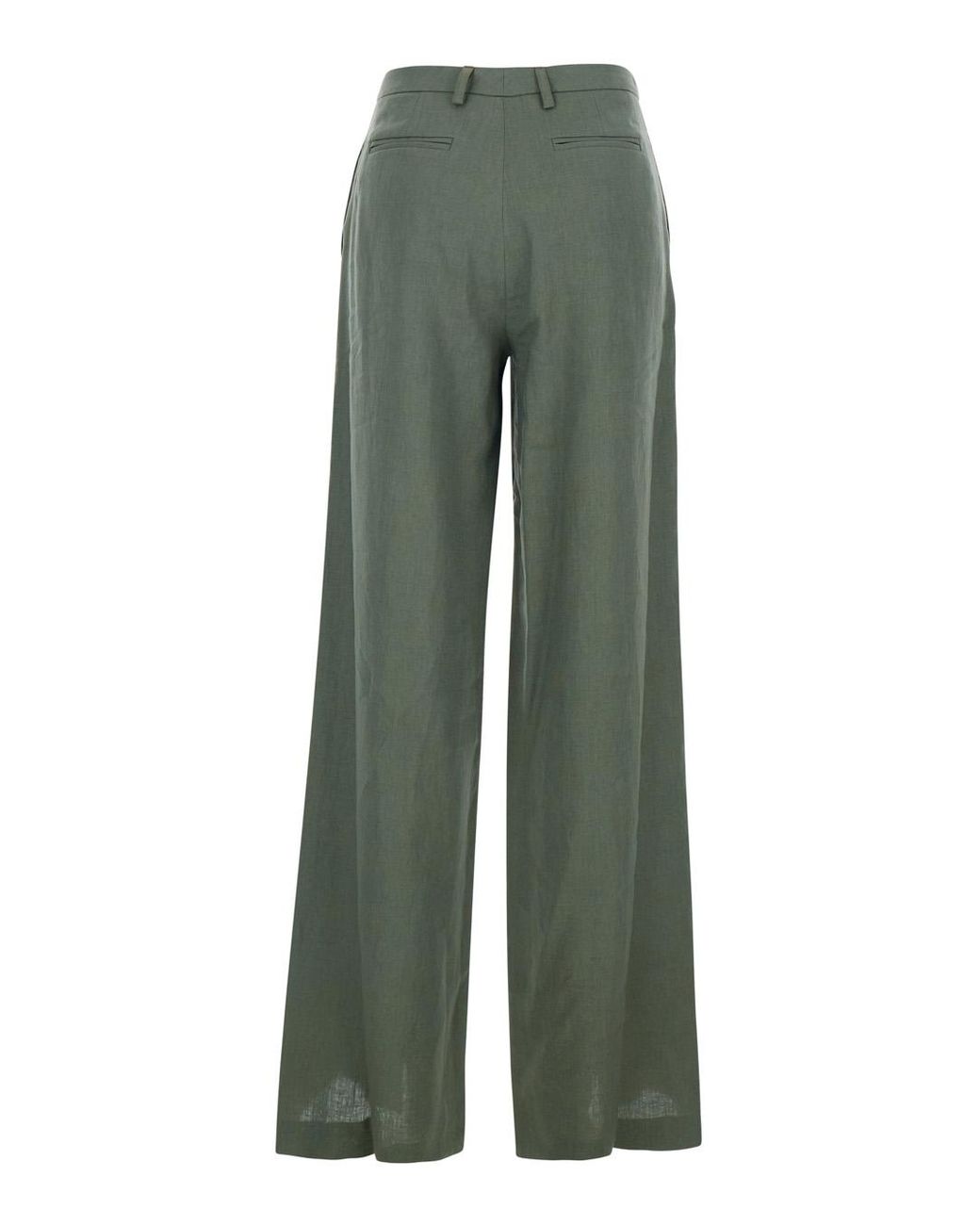 Le Plain Green Wide Leg Linen Pants With Belt Loops Trousers