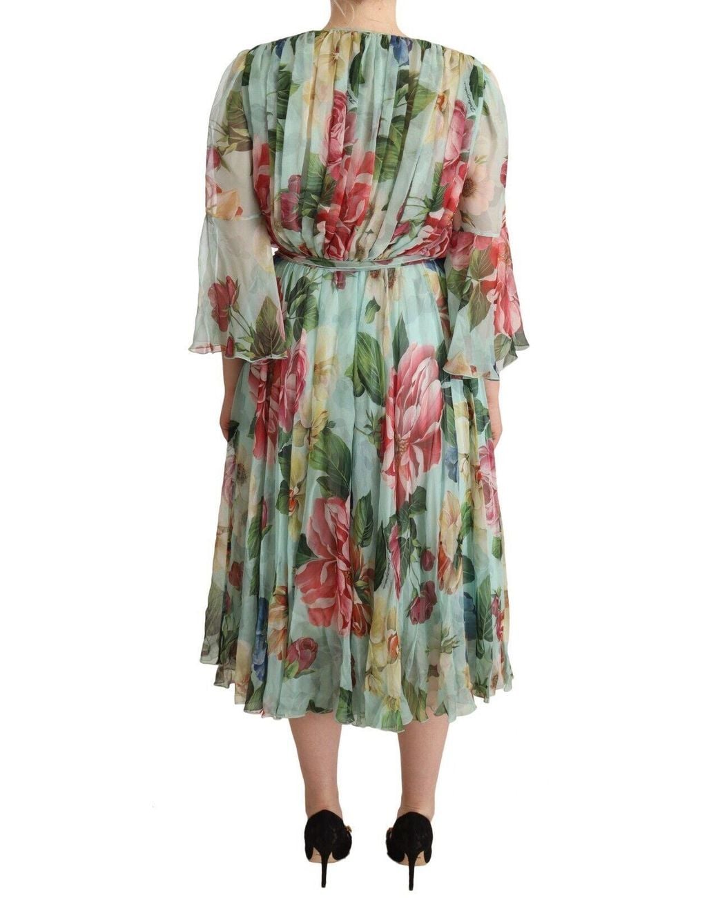 Dolce & Gabbana Green Elegant Floral Midi Silk Dress