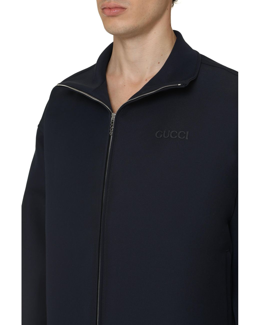 Gucci Blue Wool Blend Jacket With Drawstring Hem Silk Raincoats for men