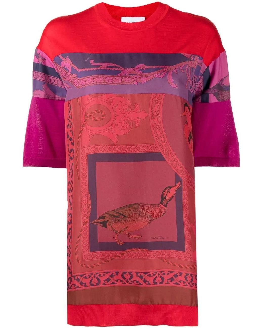 Ferragamo Red Heritage-Print Long T-Shirt