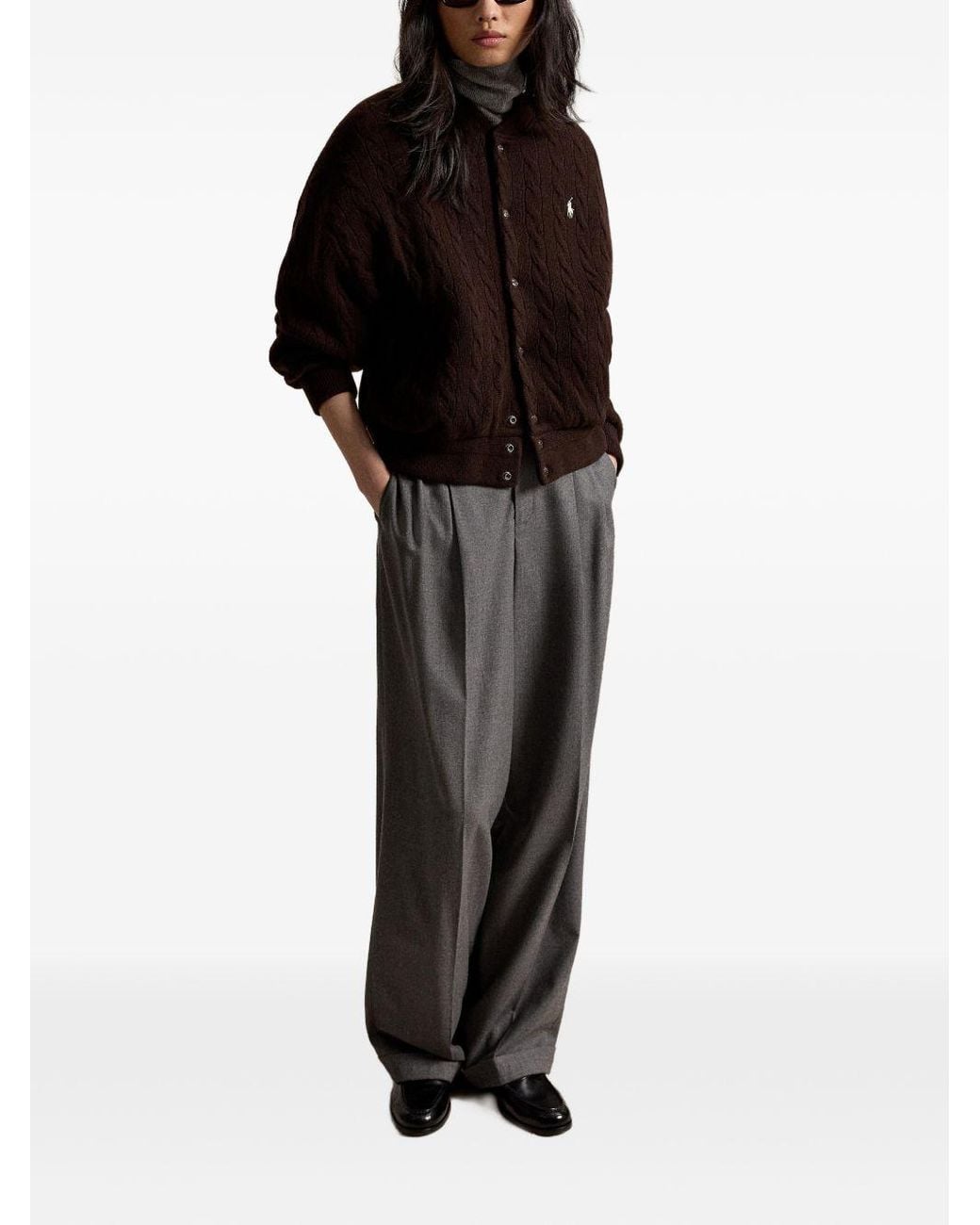 Polo Ralph Lauren Brown Bomber Jacket Cable-Knit Wool