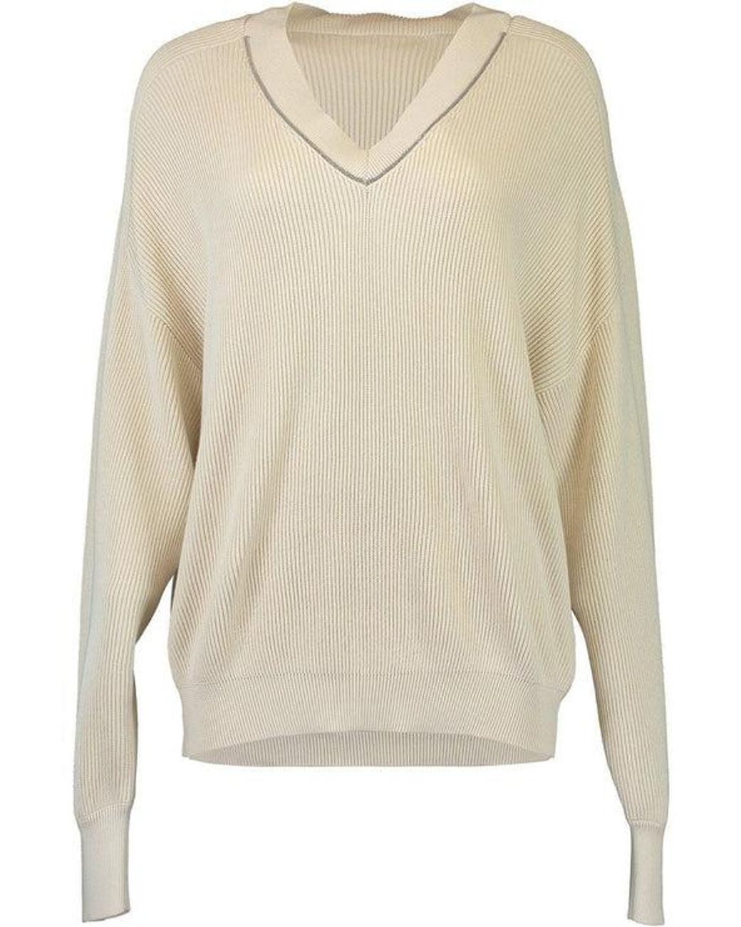 Brunello Cucinelli Natural Ribbed V Neck Sweater