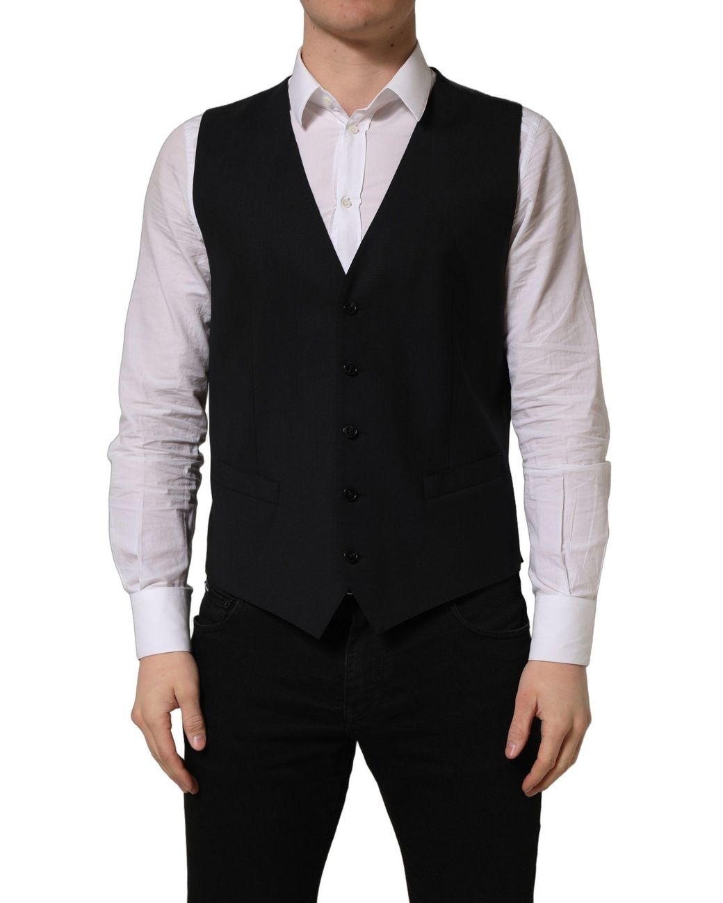 Dolce & Gabbana Black Wool Single Breasted Waistcoat Vest Virgin Elastane Clothing for men