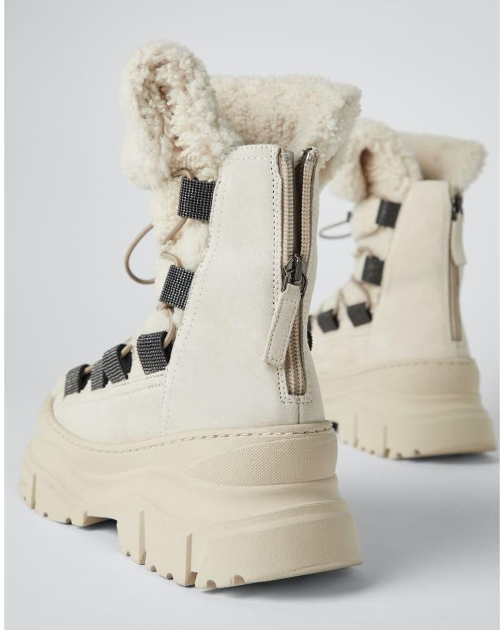 Brunello Cucinelli Natural Shearling Lace Up Boots