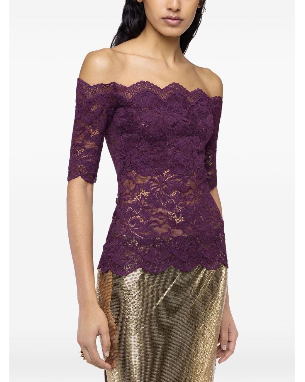 Rabanne Purple Layered Stretch Lace Off-The-Shoulder Short-Sleeved Top
