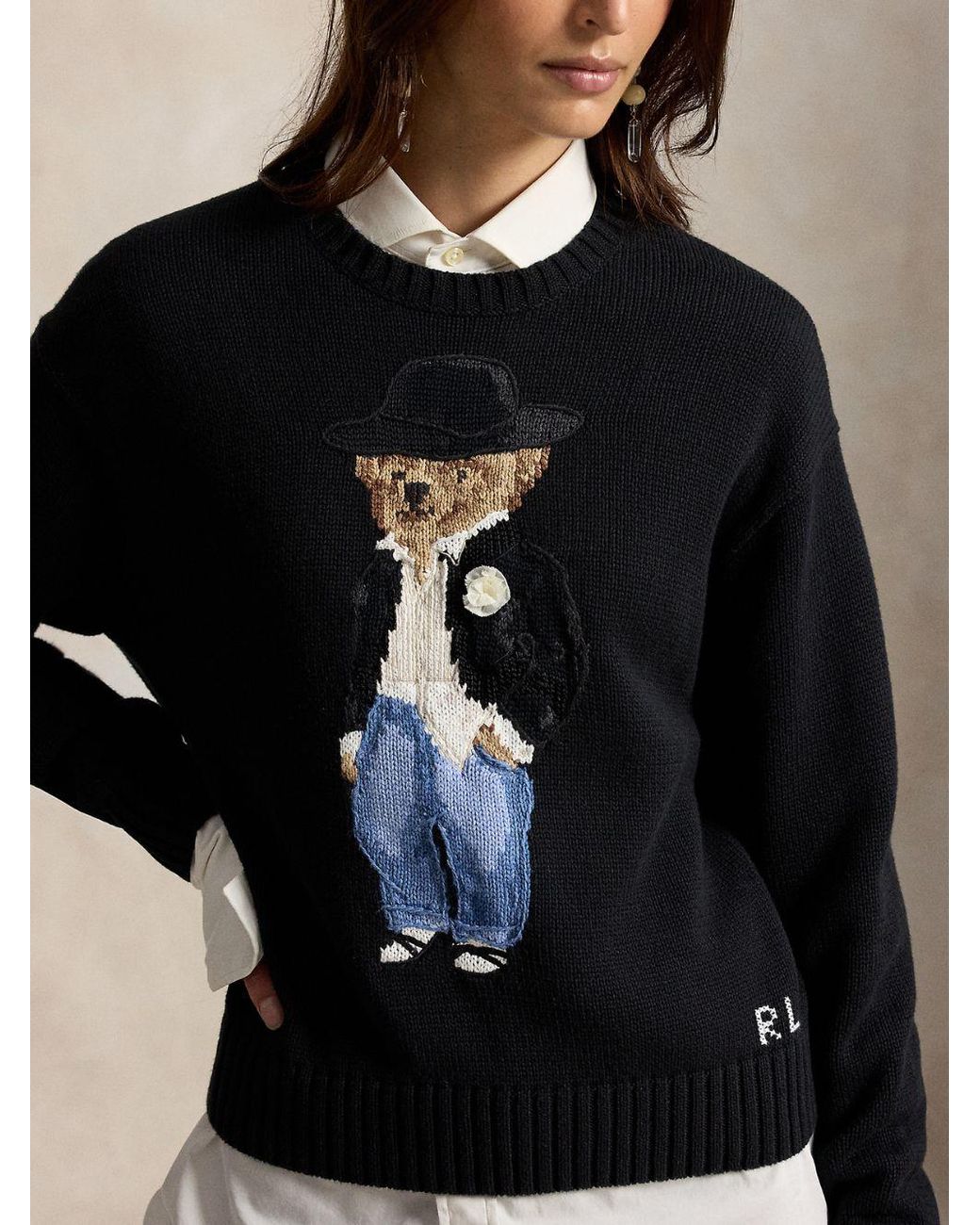Polo Ralph Lauren Black Cotton Knit Pullover With Jacquard Bear Logo