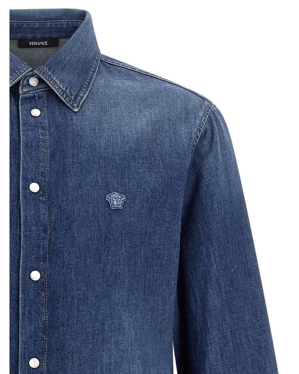 Versace Blue Medusa Patch Denim Shirt