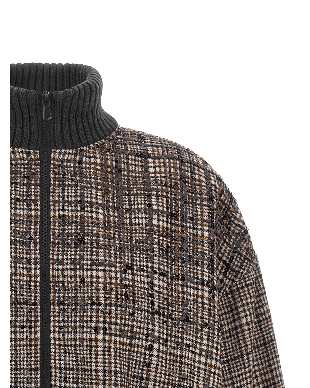 Brunello Cucinelli Brown Sequin Check Bomber Jacket