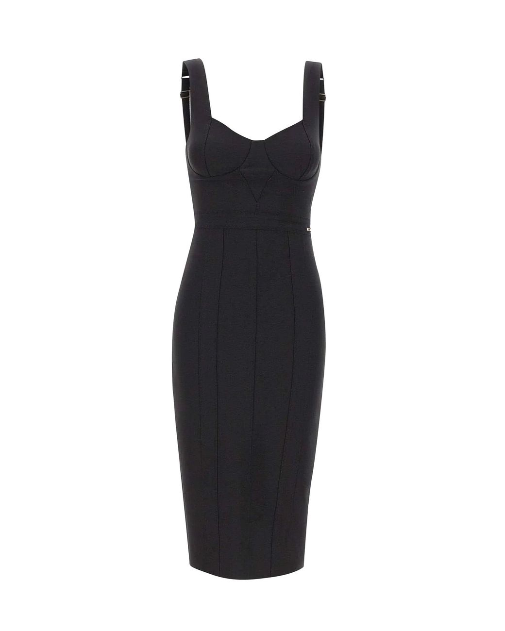 Elisabetta Franchi Black Scuba Midi Dress With Sweetheart Neckline And Corset-Inspired Details