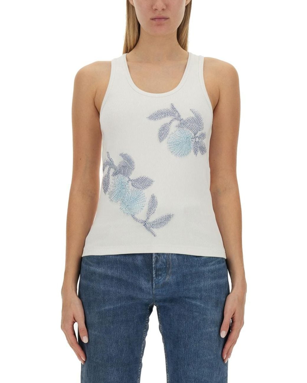 Bottega Veneta Blue Embroidered Cotton Top Elastane Tops