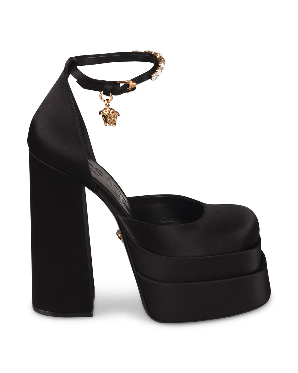 Versace Crystal Embellished Block Heel Wedge Sandals in Black/Gold ...