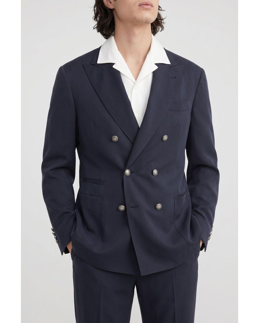 Brunello Cucinelli Blue Dark Silk Double Breasted Blazer for men