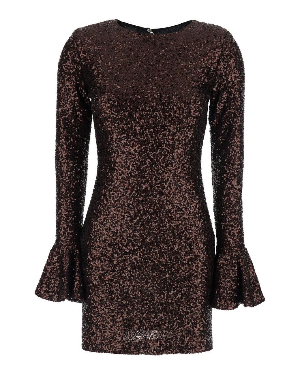 Le Plain Brown Dress With Round Neck And All-Over Applied Sequins