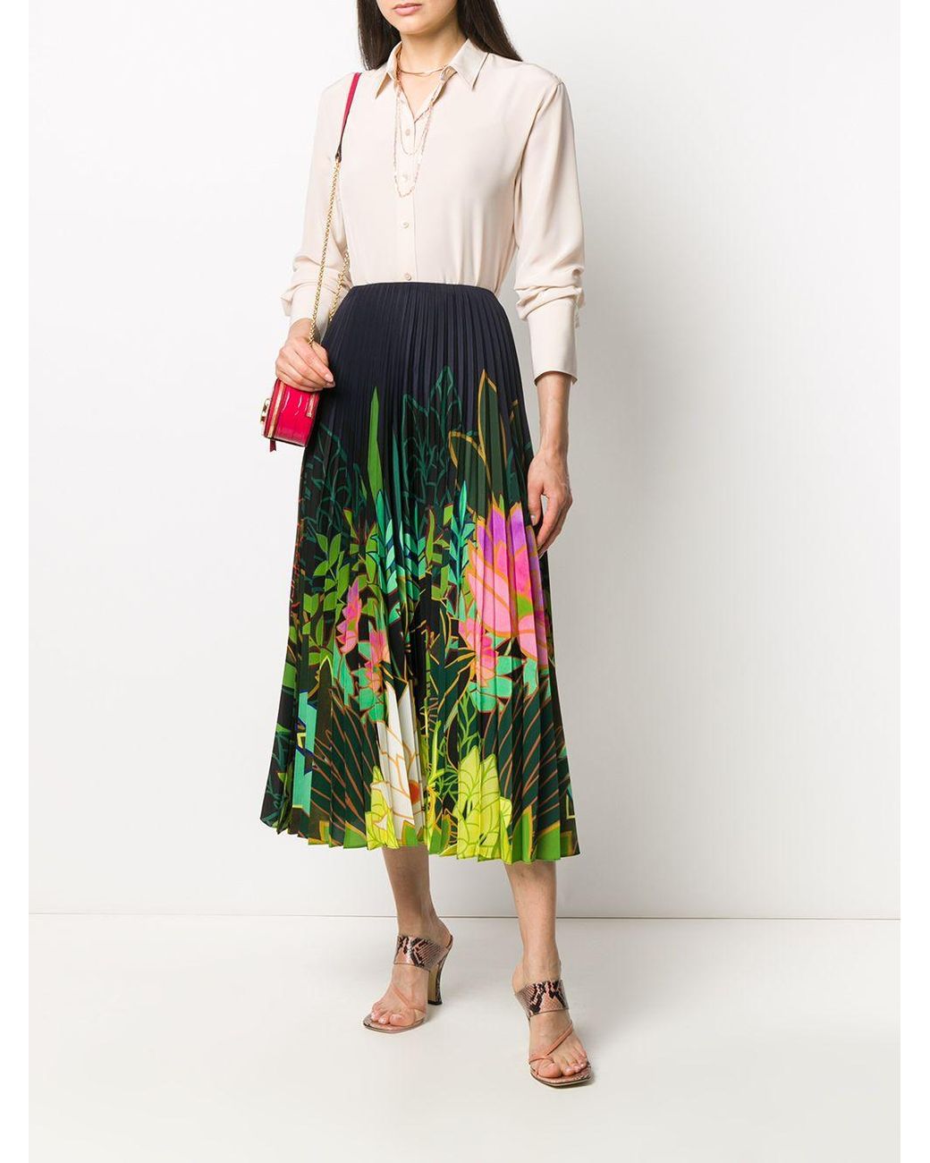 Valentino Green Pleated Floral-Print Skirt