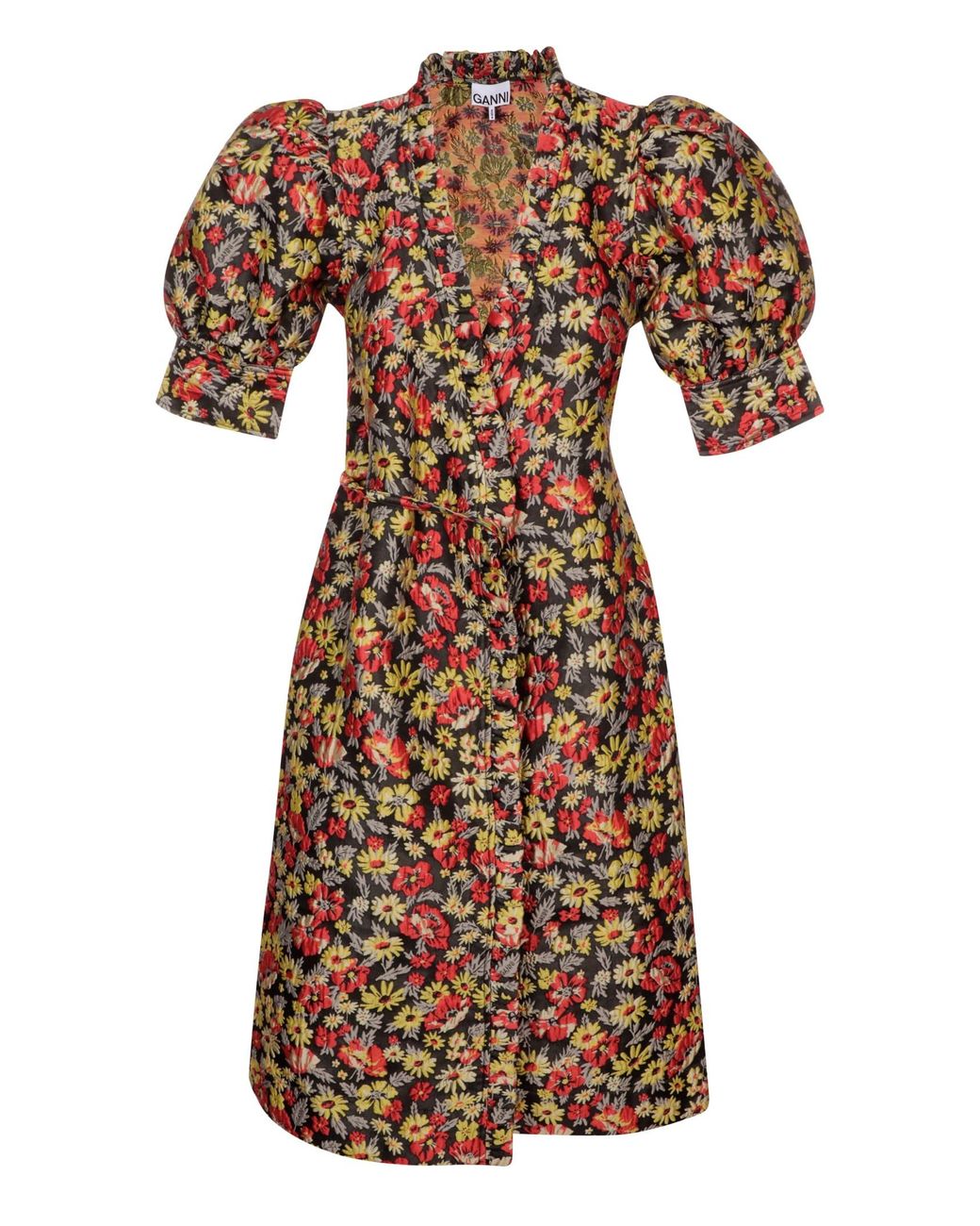 Ganni 3d Jacquard Wrap Ruffle Dress in Brown | Lyst