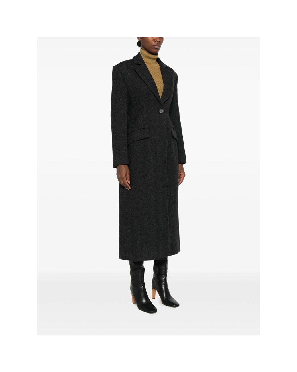 Tela Black Herringbone Single-Breasted Coat