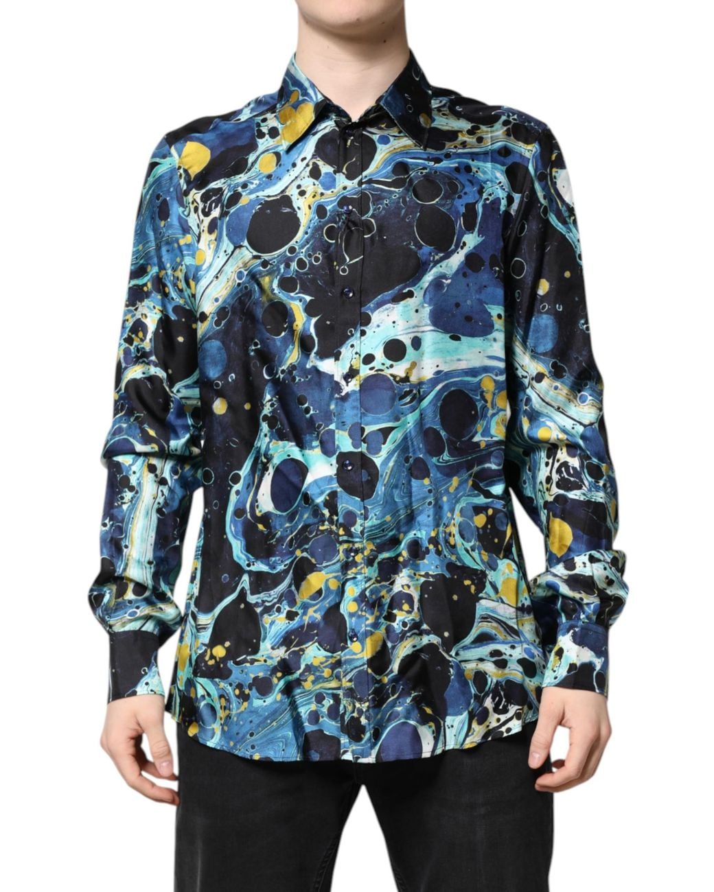 Dolce & Gabbana Blue Marble Print Martini Dress Formal Shirt for men