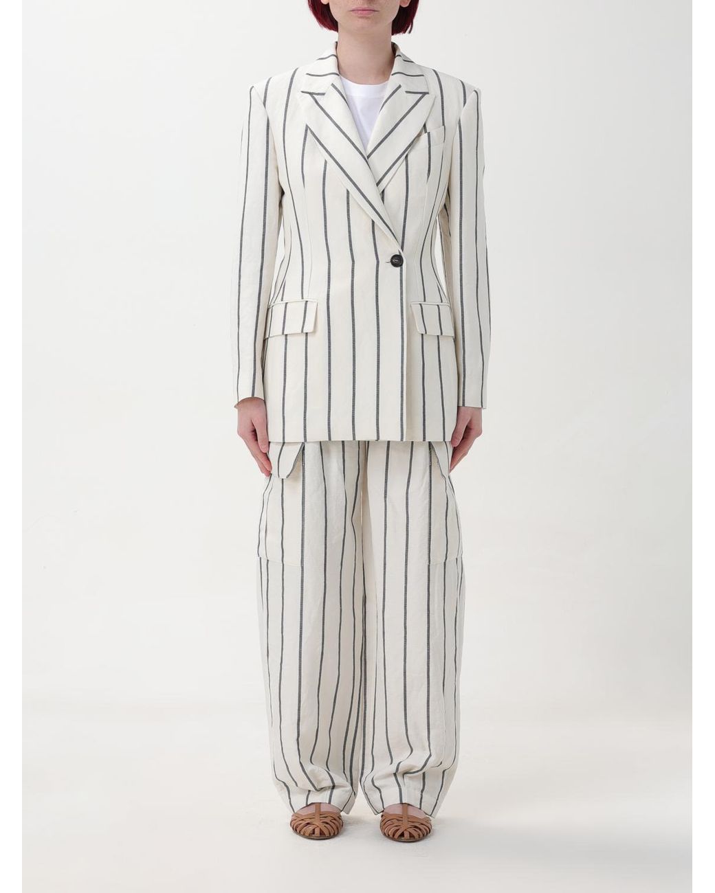 Brunello Cucinelli White Panama Striped Linen Cotton Blazer