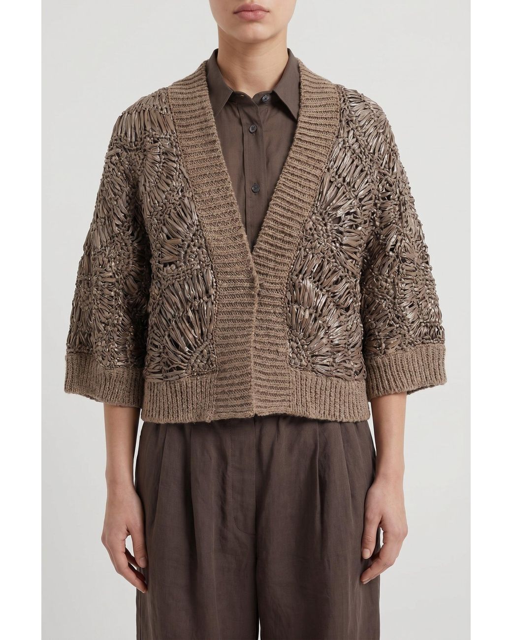 Brunello Cucinelli Brown Taupe Open Knit Sweater