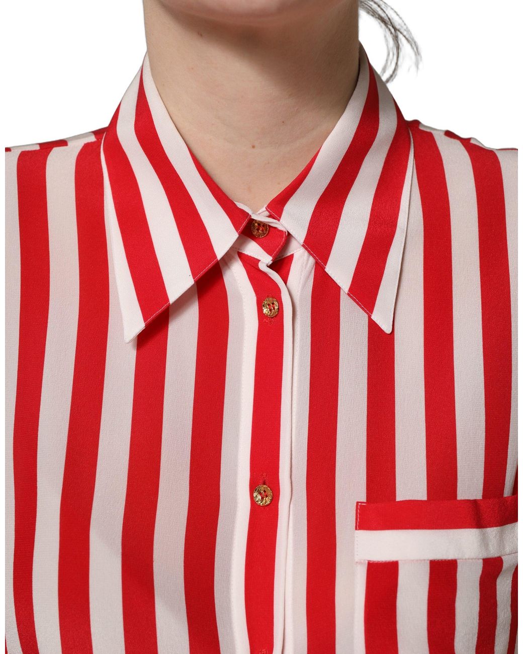 Dolce & Gabbana Red Striped Long Sleeve Silk Blouse Top And