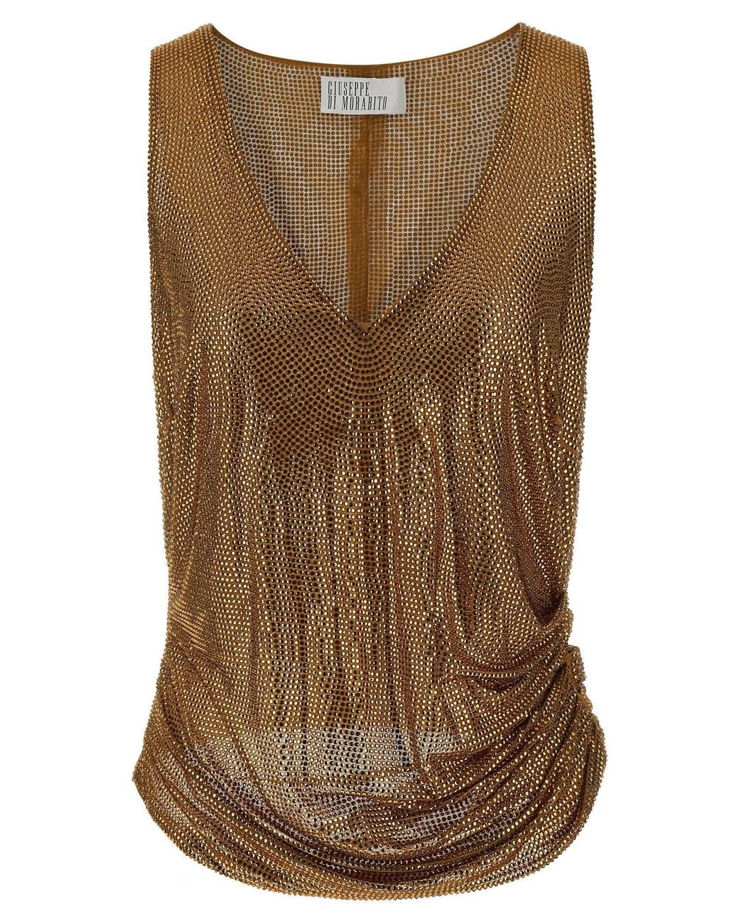 GIUSEPPE DI MORABITO Brown Feather-Trimmed Mesh Tank Top