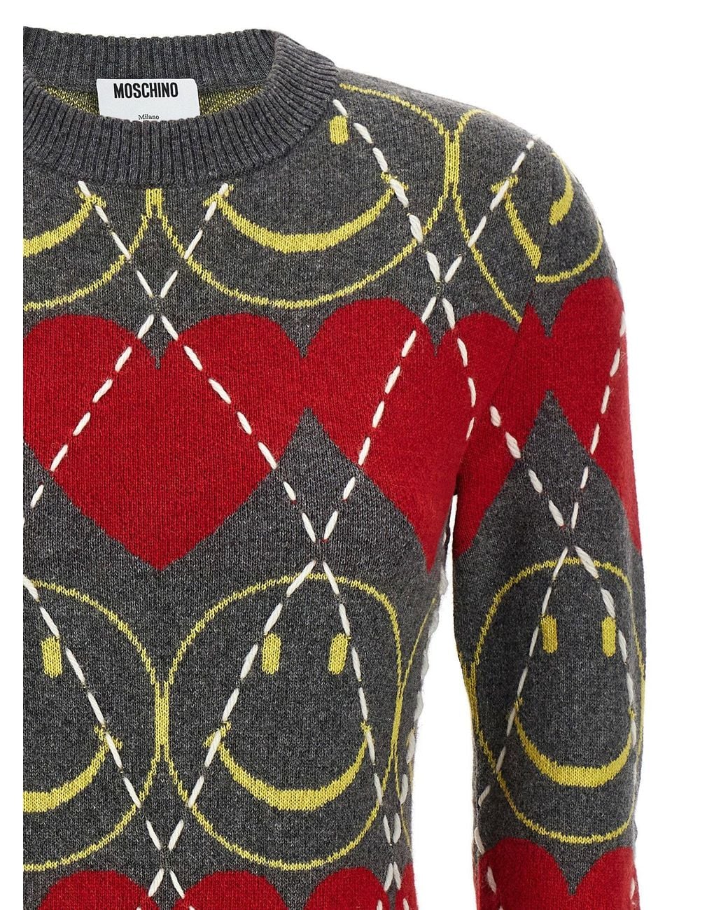 Moschino Red Smiley Heart Intarsia Wool Dress