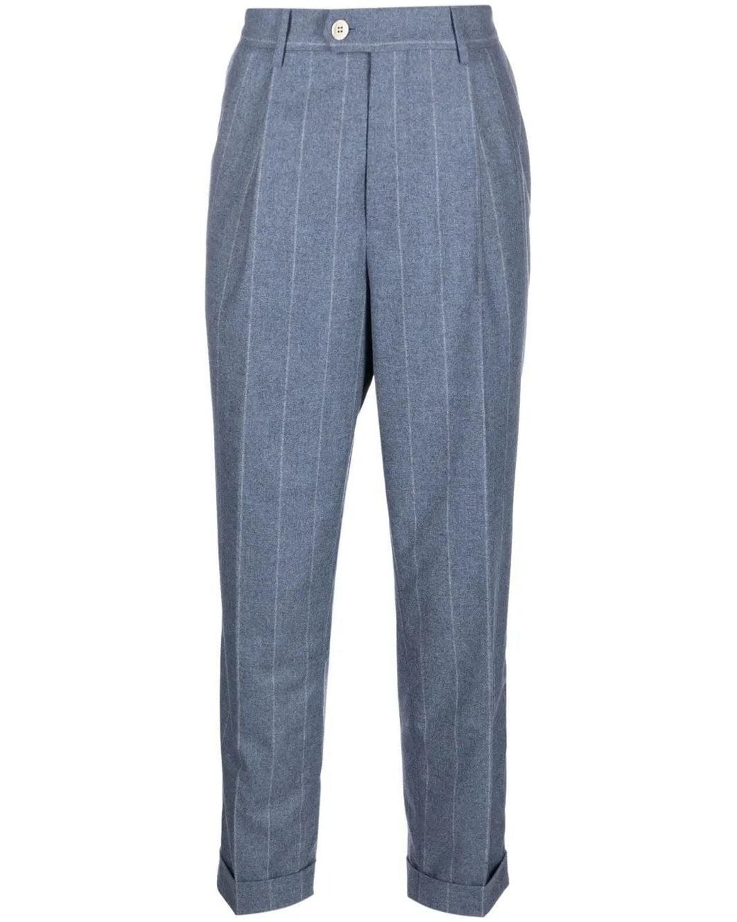Brunello Cucinelli Blue Pinstripe Pleated Trousers for men
