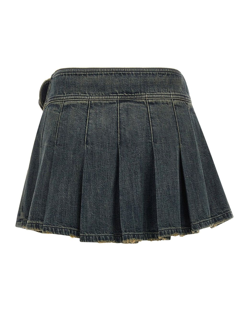 Balenciaga Gray Pleated Denim With Logo Buckle Skirt