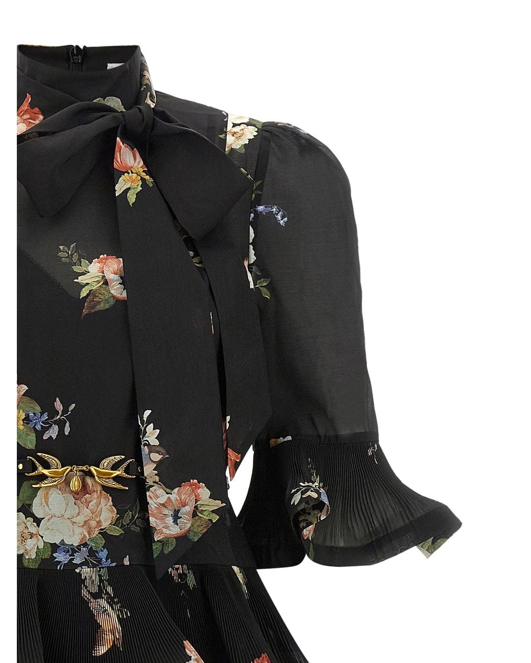 Zimmermann Black Pleated Flounce With Botanical Print Dress