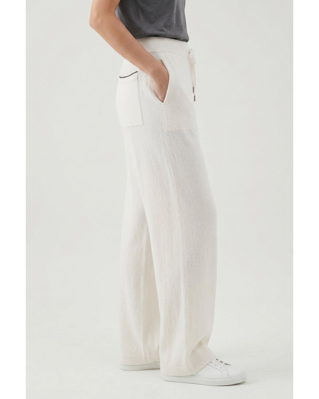 Brunello Cucinelli White Off Wool Silk Wide Trousers