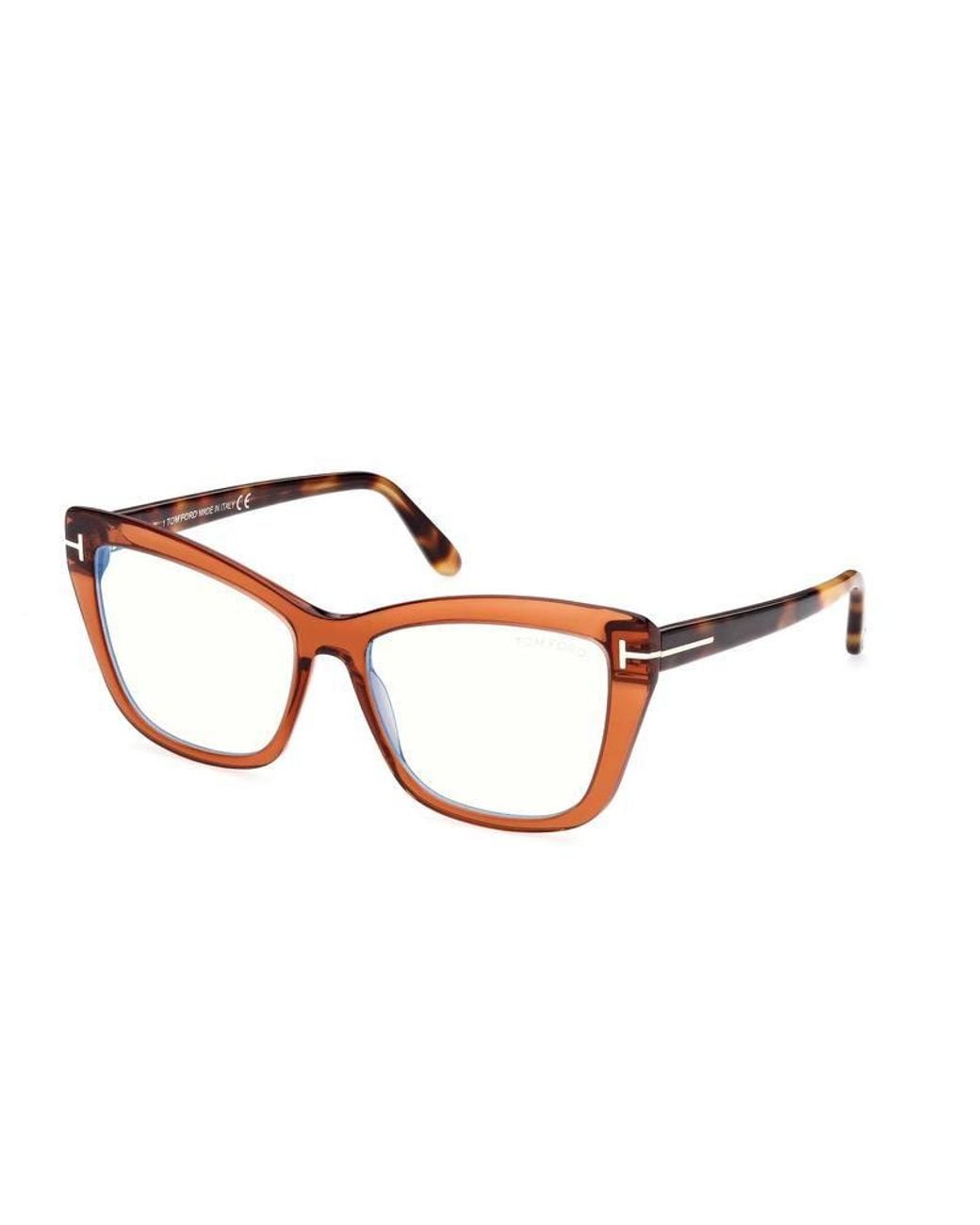 Tom Ford Brown Eyeglasses Cat Eye Full Rim, Shiny Frame And Clear Light Block Lens Ft5826-B001