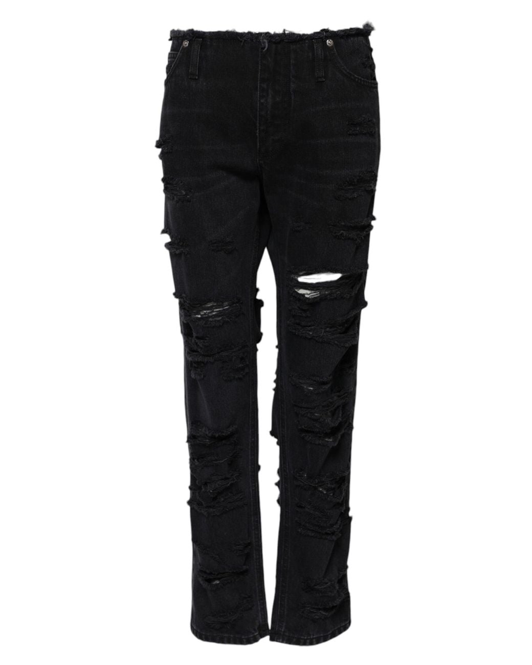 Dolce & Gabbana Black Cotton Tattered Mid Waist Denim Jeans