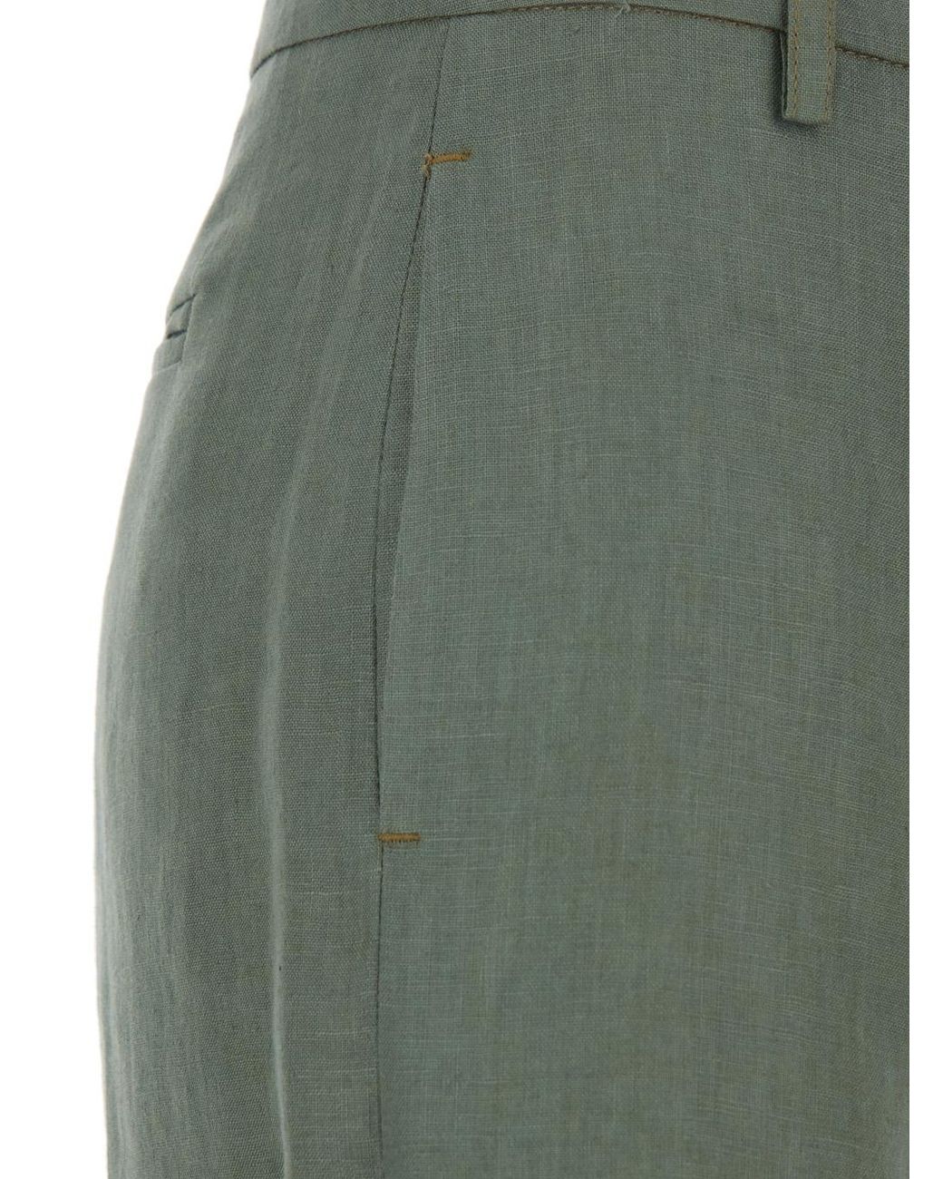 Le Plain Green Wide Leg Linen Pants With Belt Loops Trousers