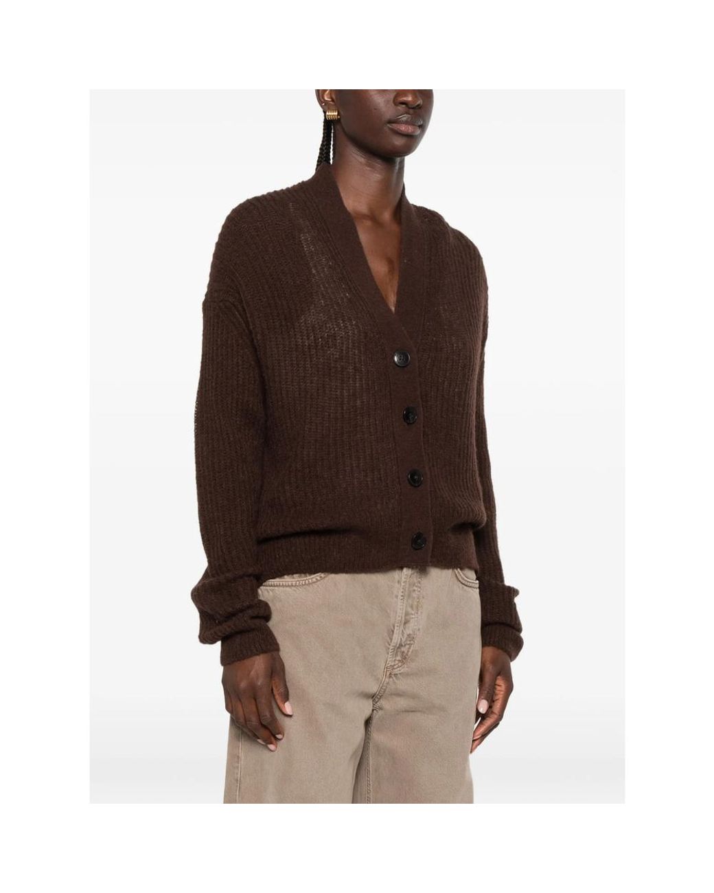 Closed Brown Ribbed-Knit V-Neck Cardigan