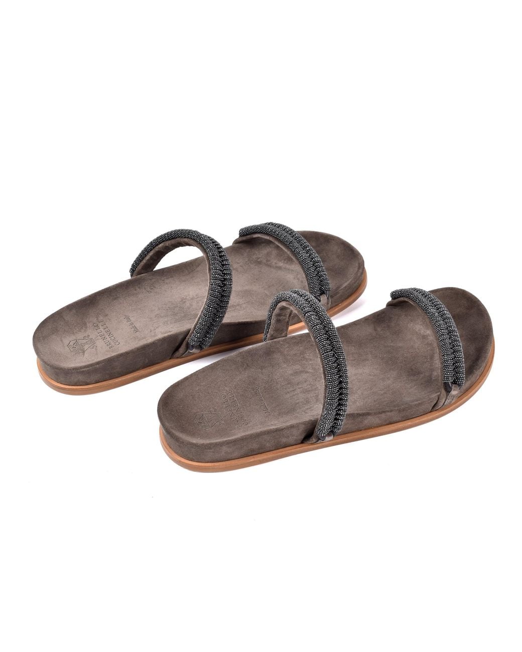 Brunello Cucinelli Gray Suede Sandals With Beaded Straps
