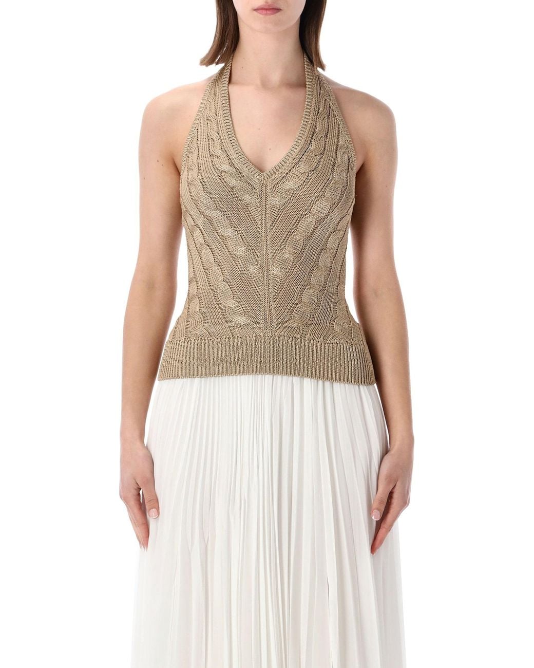 Ralph Lauren Natural Cable Knit Silk Halter Top