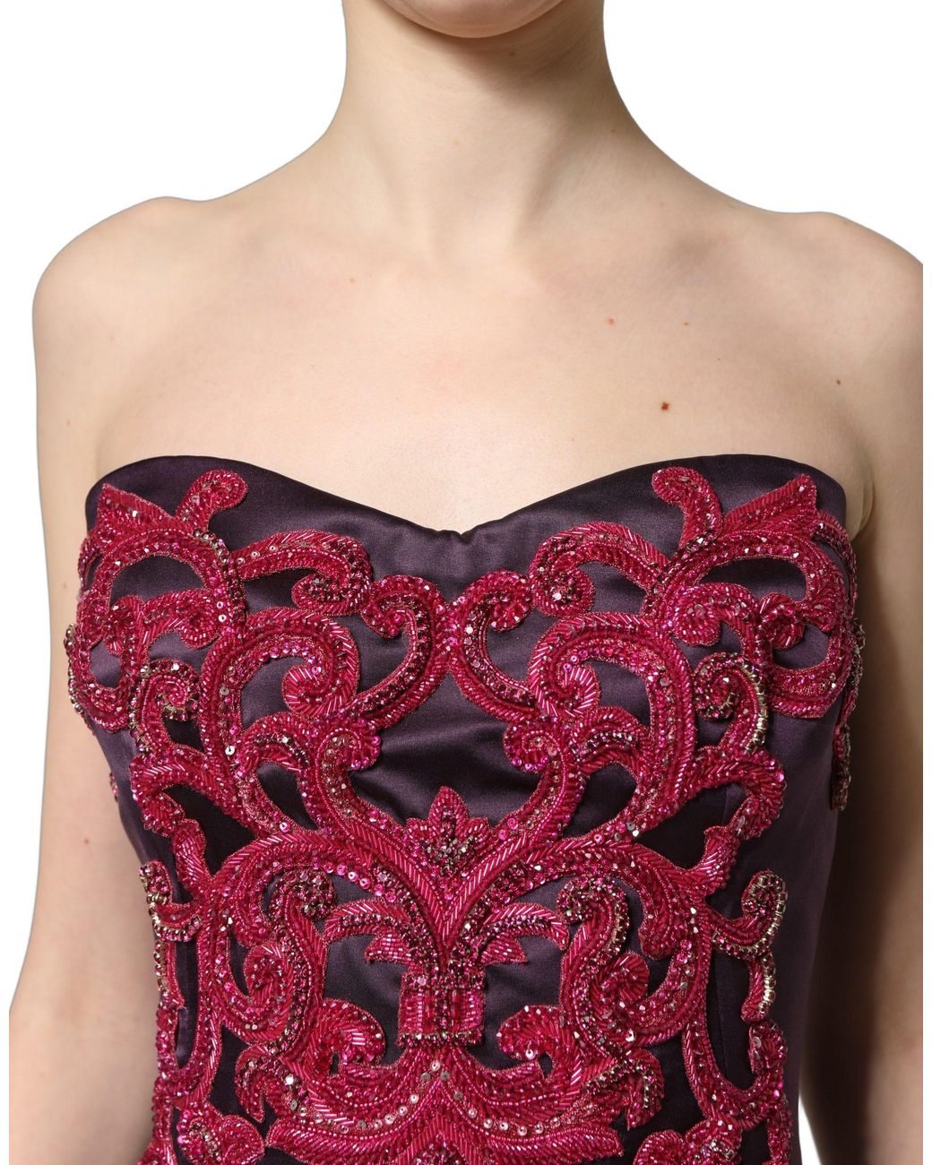 Dolce & Gabbana Purple Silk Crystal Strapless Floor Length Gown Dress Elastane