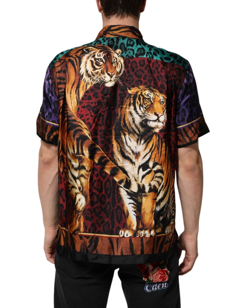Dolce & Gabbana Black Silk Tiger Print Hawaiian T-Shirt for men