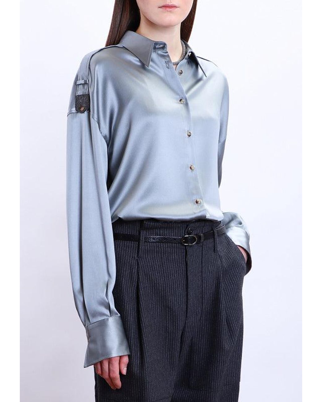 Brunello Cucinelli Blue Satin Button-Up Shirt