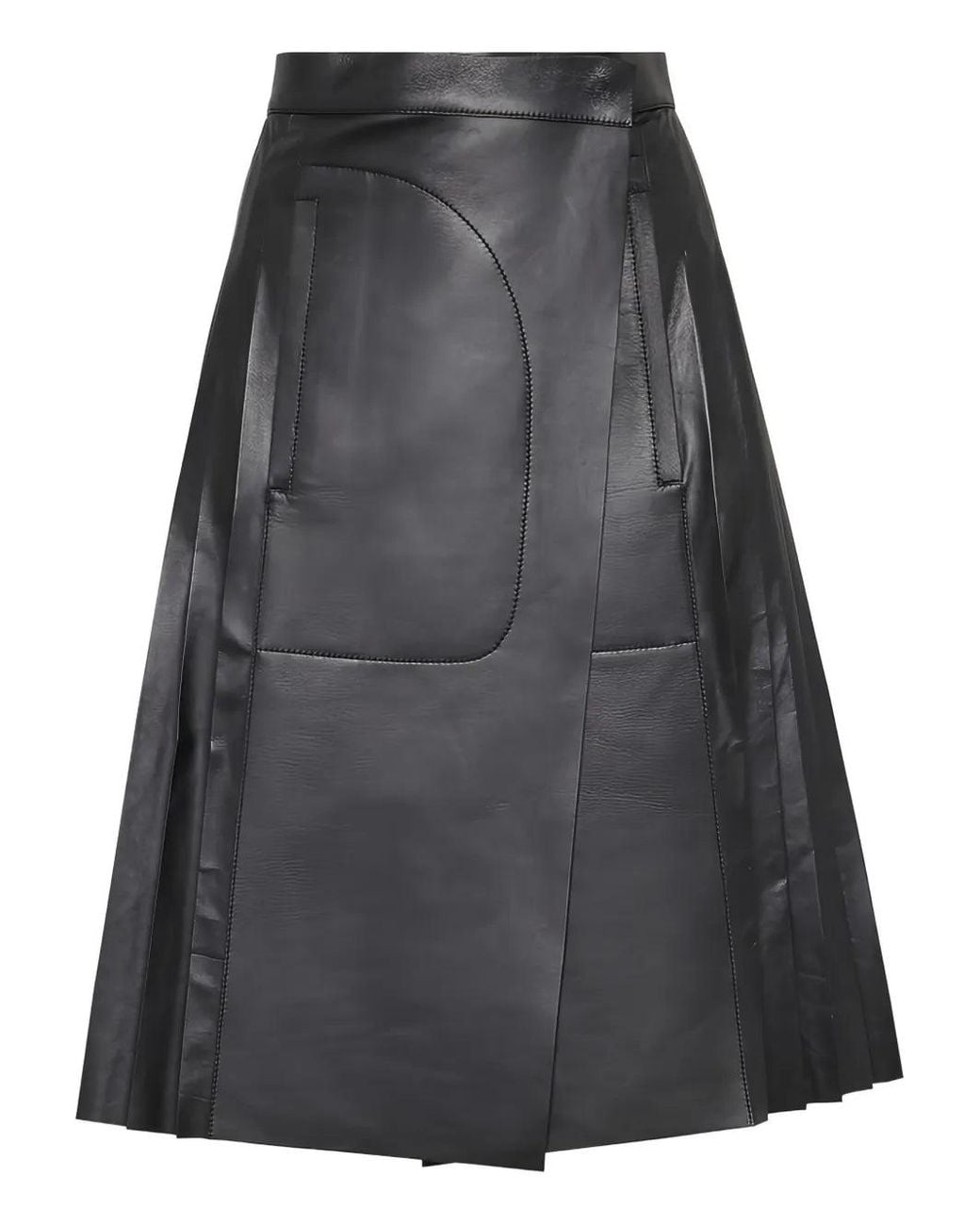 Ferragamo Black Pleated Leather Midi Skirt
