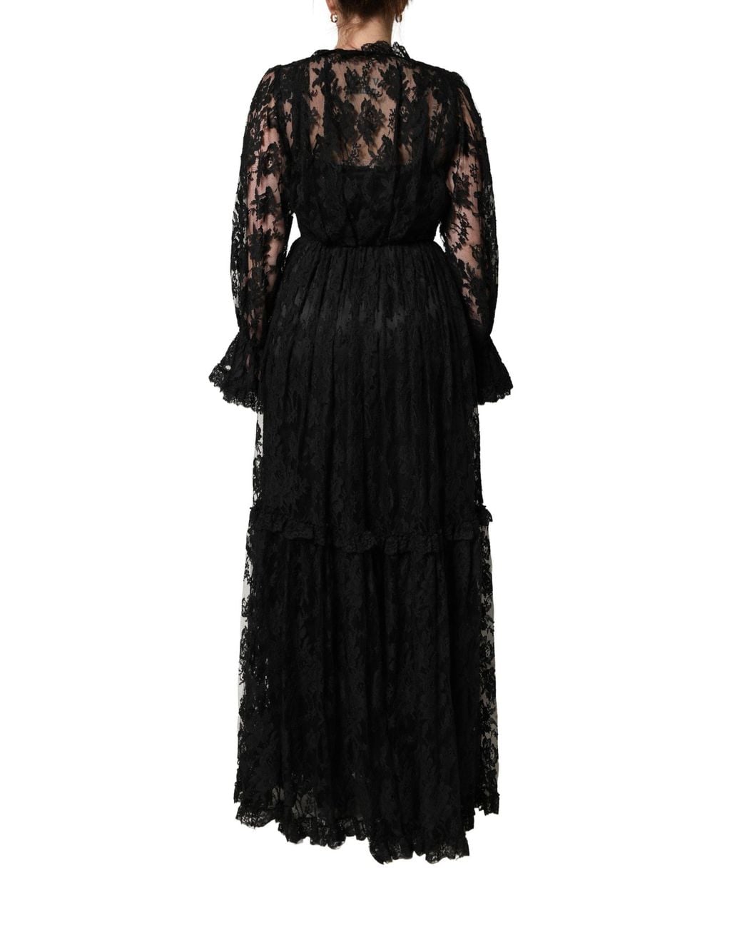 Dolce & Gabbana Black Lace A-Line Long Evening Gown Dress Cotton Silk Nylon