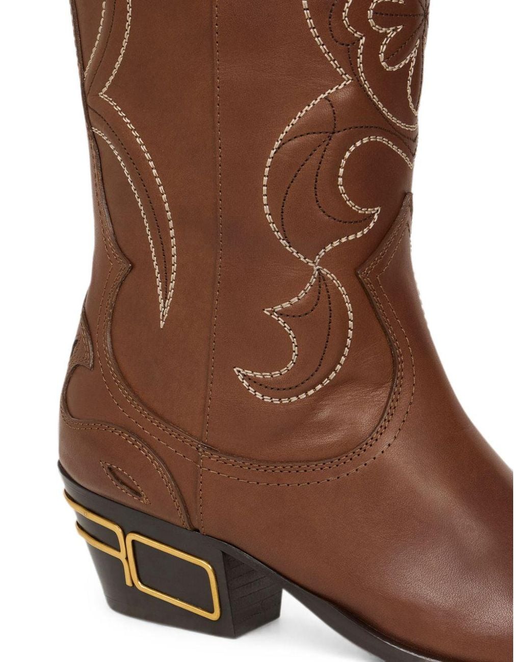 Etro Brown High Smooth Leather Western Boots With Contrasting Topstitching And Metal Logo