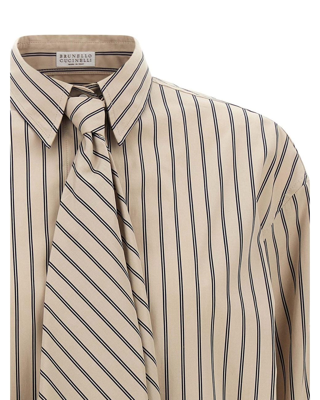 Brunello Cucinelli Brown Striped Cotton With Integrated Tie Shirt