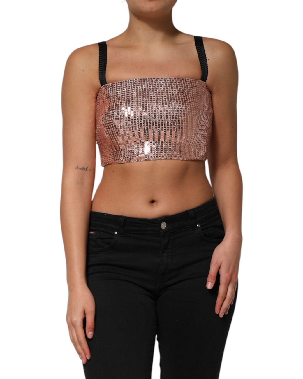 Dolce & Gabbana Black Sequined Nylon Sleeveless Cropped Top