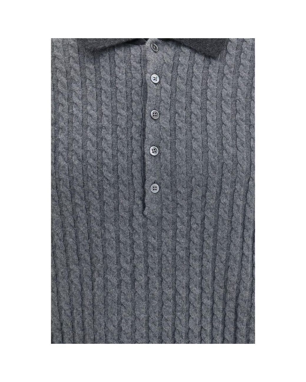 Thom Browne Gray Thom Browne 4-Bar Cable-Knit Merino Wool Polo Shirt for men
