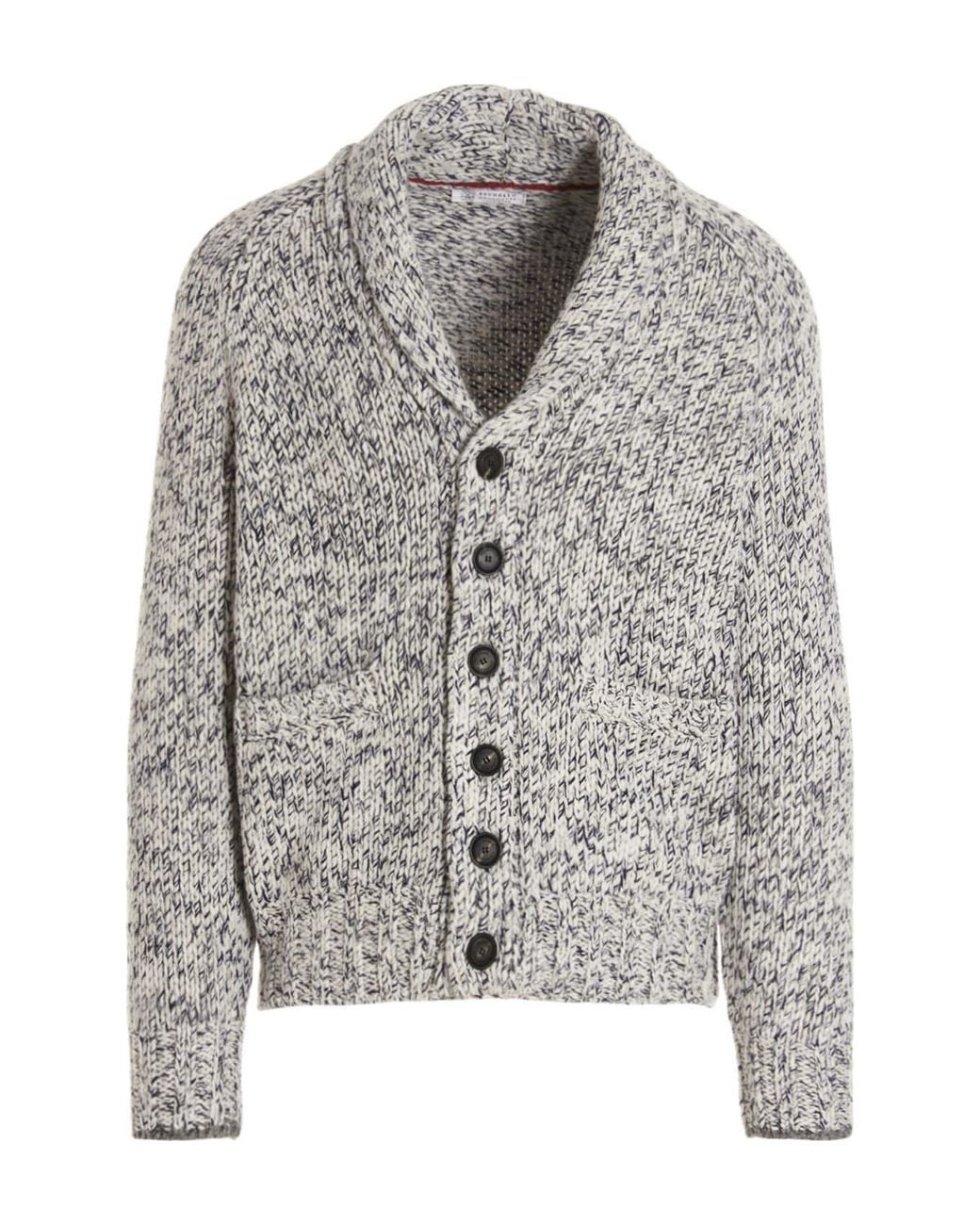 Brunello Cucinelli Gray Marled Shawl Collar Knit Cardigan for men
